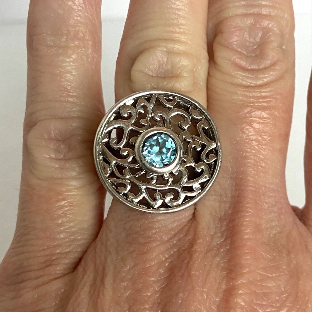 Sterling Silver 925 Round Blue Topaz Scrollwork Wide Band Statement Ring Sz 5.75